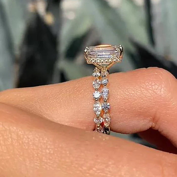 Unique Design Emerald Cut Sterling Silver Bridal Set In Golden Tone