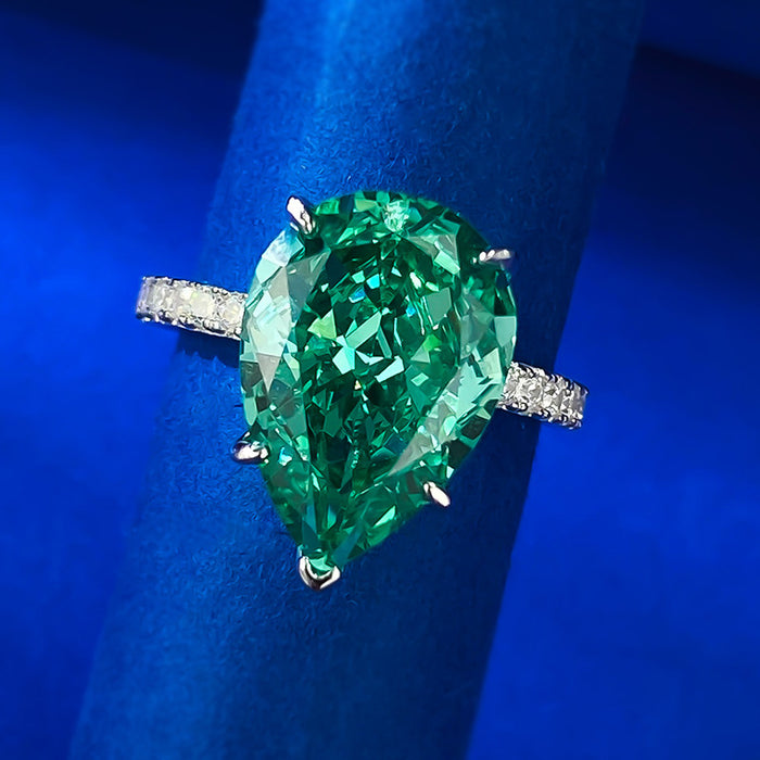 Unique Fancy Green Sterling Silver Solitaire Engagement Ring with Pear Cut Gemstone