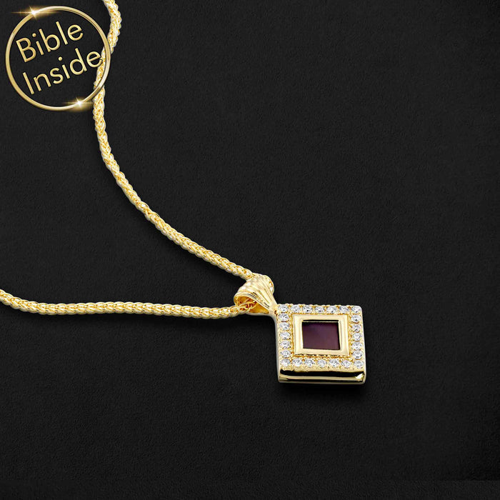 Unique valentine's gift for her - gold rhombus Biblical necklace with Nano Bible