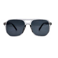 Sunglasses with dark lenses and silver frame on a light gray background