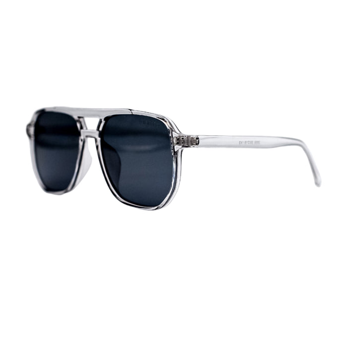 Sunglasses with a silver frame and dark lenses on a white background
