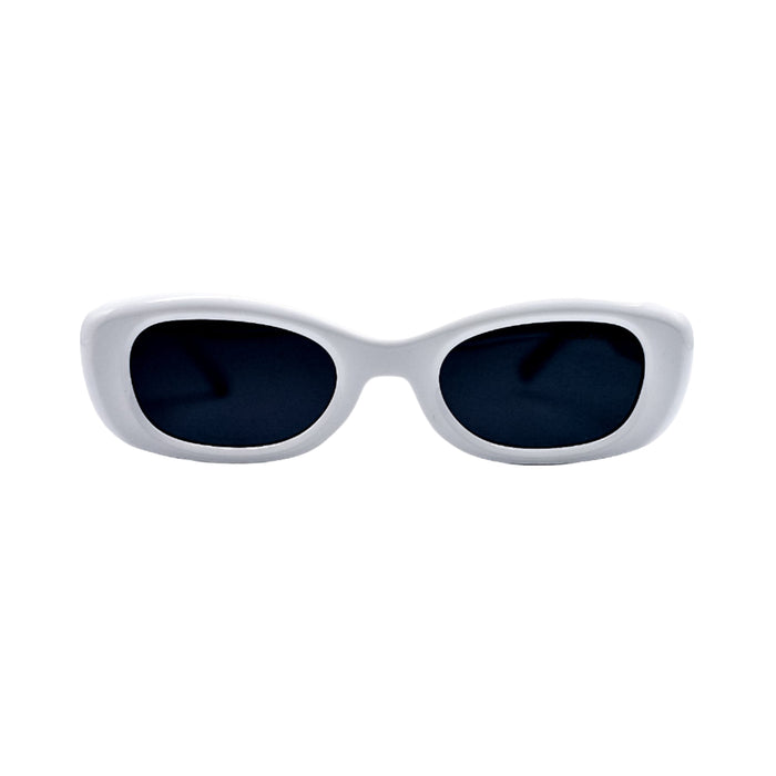 White sunglasses with dark lenses on a light gray background