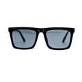 Black sunglasses with reflective lenses on a white background