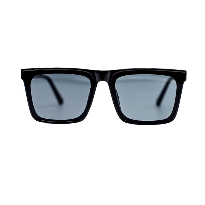 Black sunglasses with reflective lenses on a white background