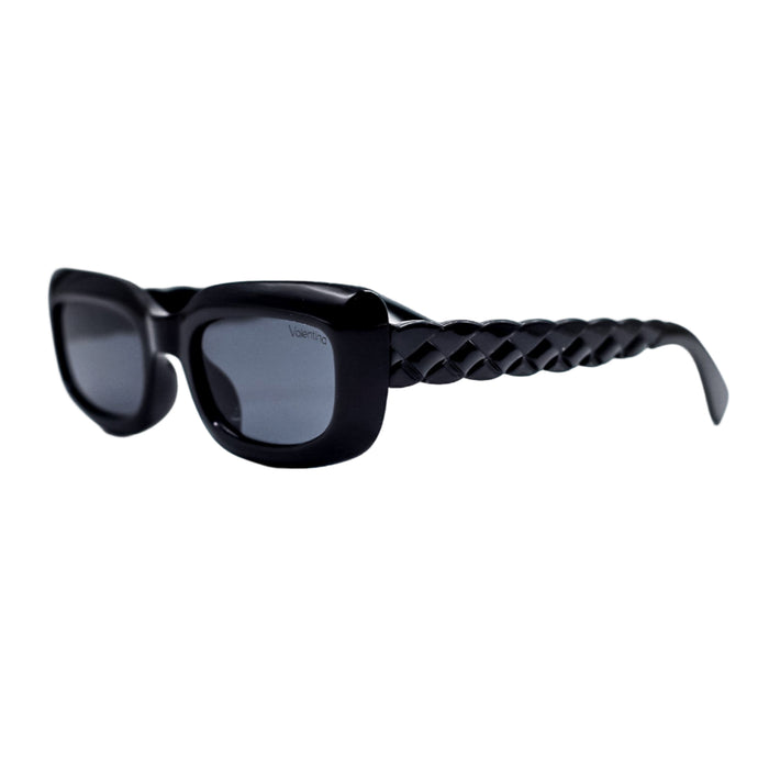 Black sunglasses with braided arm design on a white background