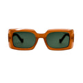 Sunglasses with wooden frame and green lenses on a white background