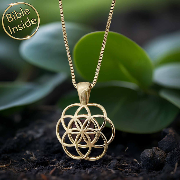 Gold valentine's gift for girlfriend featuring Seed of Life and New Testament