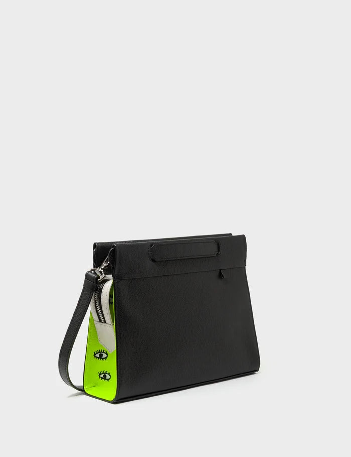 Vali Crossbody Black and Neon Green Leather Bag - All Over Eyes Embroidery - Main View