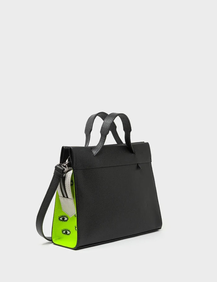 Vali Crossbody Black and Neon Green Leather Bag - All Over Eyes Embroidery - Handles View