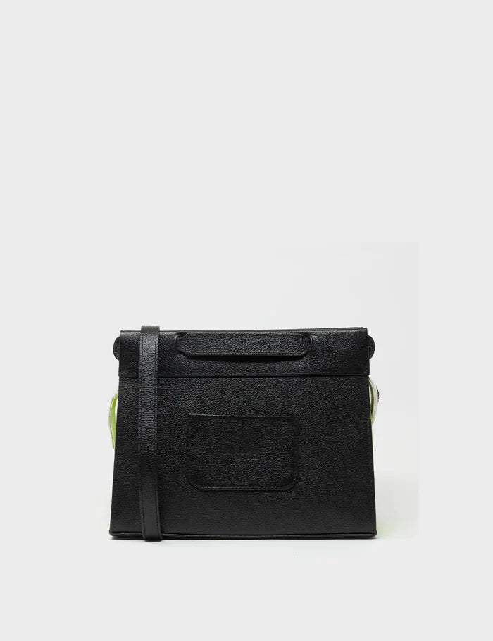 Vali Crossbody Black and Neon Green Leather Bag - All Over Eyes Embroidery - Back View