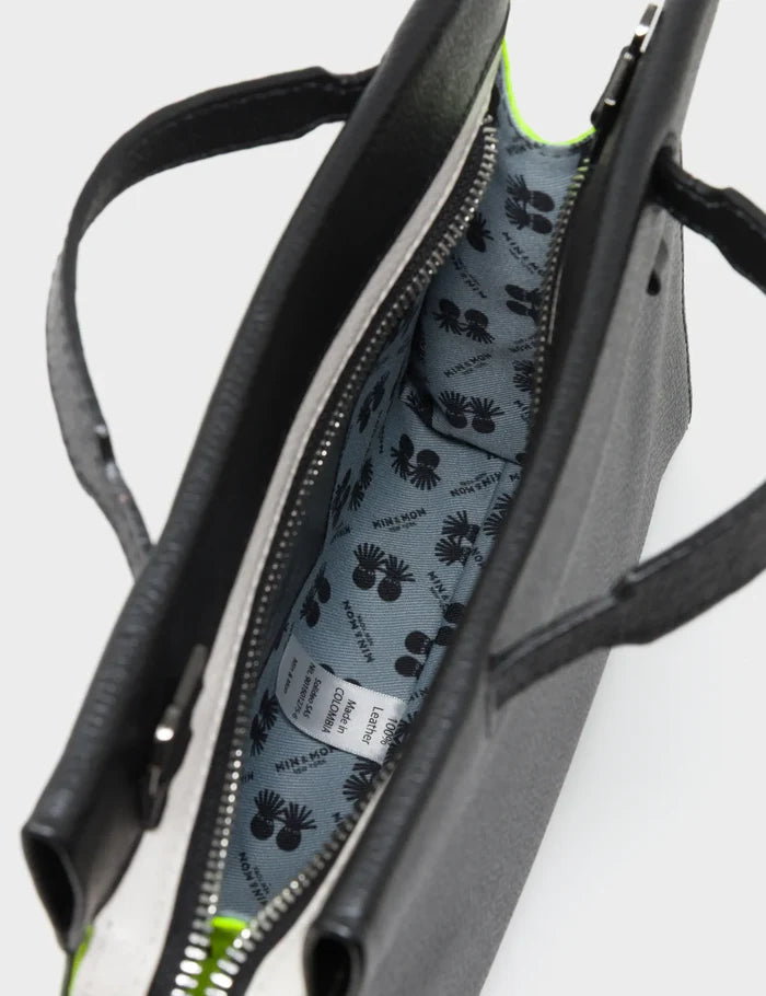 Vali Crossbody Black and Neon Green Leather Bag - All Over Eyes Embroidery - Inside View