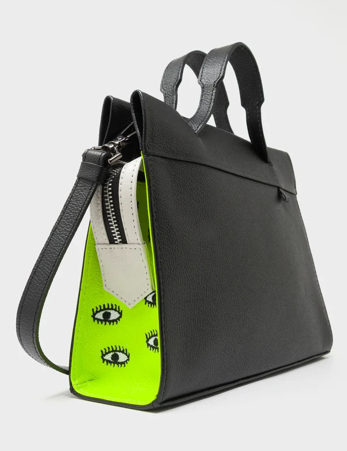 Vali Crossbody Black and Neon Green Leather Bag - All Over Eyes Embroidery - Side Corner View