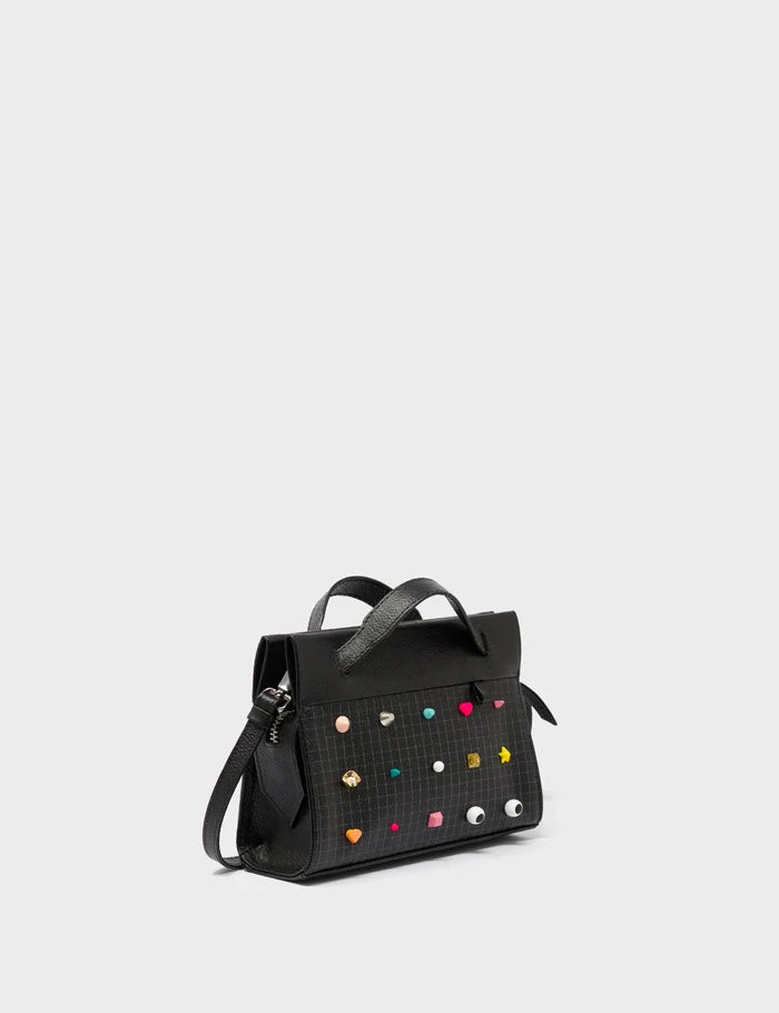 Vali Crossbody Micro Black Leather Bag - Studs Adjustable Handle - Handles View