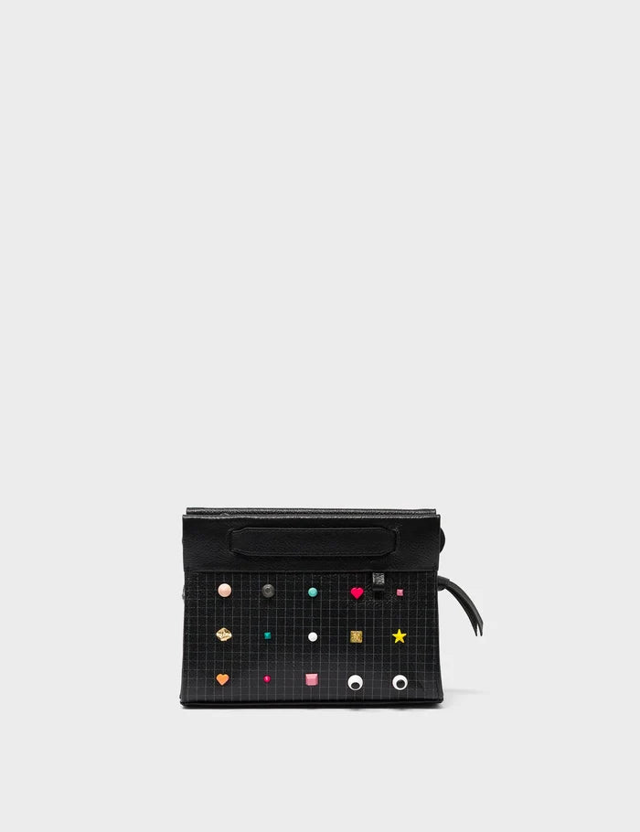 Vali Crossbody Micro Black Leather Bag - Studs Adjustable Handle - Front