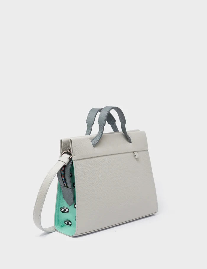 Vali Crossbody Moonwalk Gray and Oceanic Green Leather Bag - All Over Eyes Embroidery - Handles View