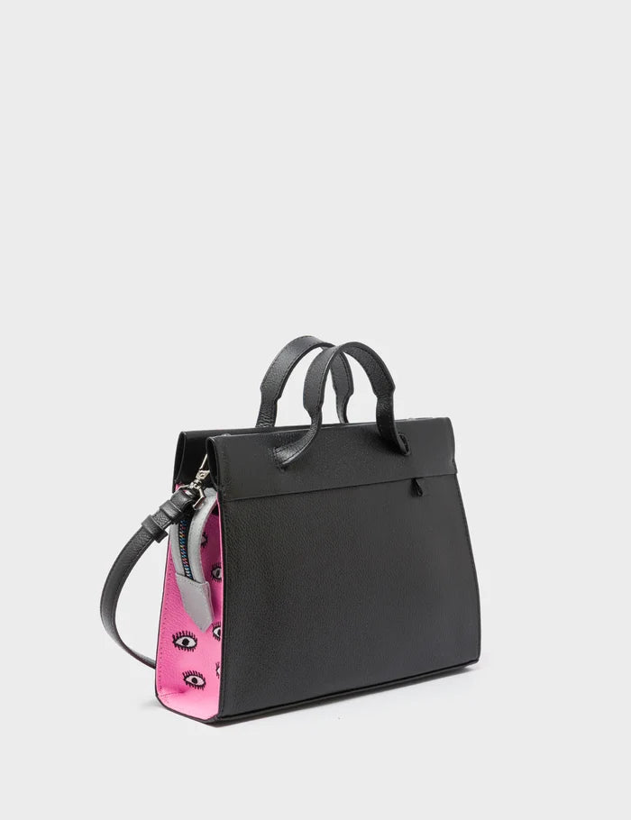 Vali Crossbody Small Black and Bubblegum Pink Leather Bag - All Over Eyes Embroidery - Handles
