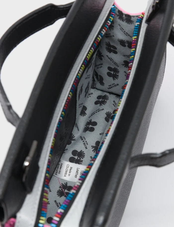 Vali Crossbody Small Black and Bubblegum Pink Leather Bag - All Over Eyes Embroidery - Inside