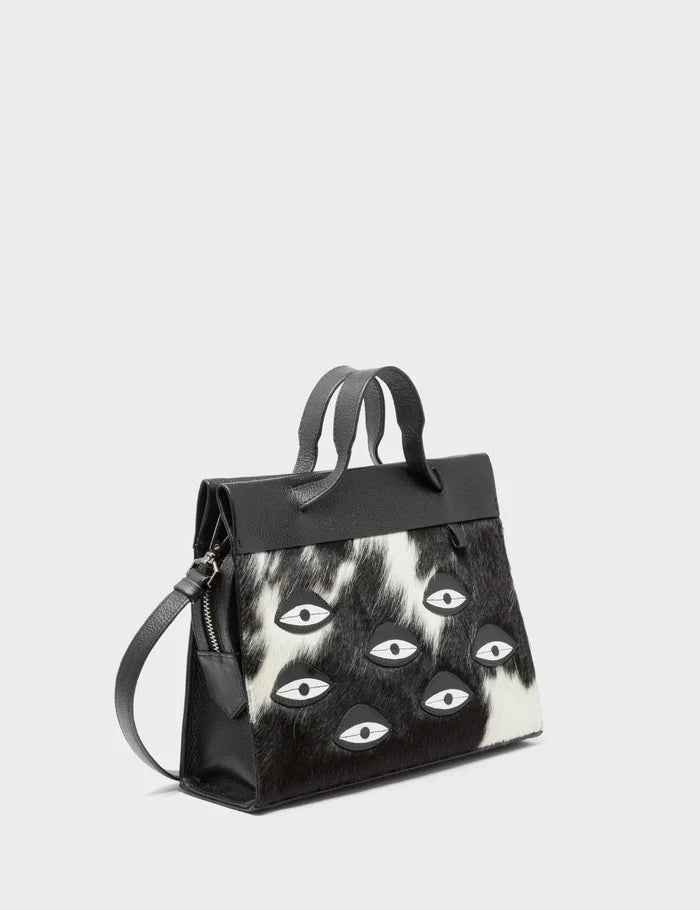 Vali Crossbody Small Black Leather Bag - Eyes Applique Adjustable Handle - Spotted Fur Handles View