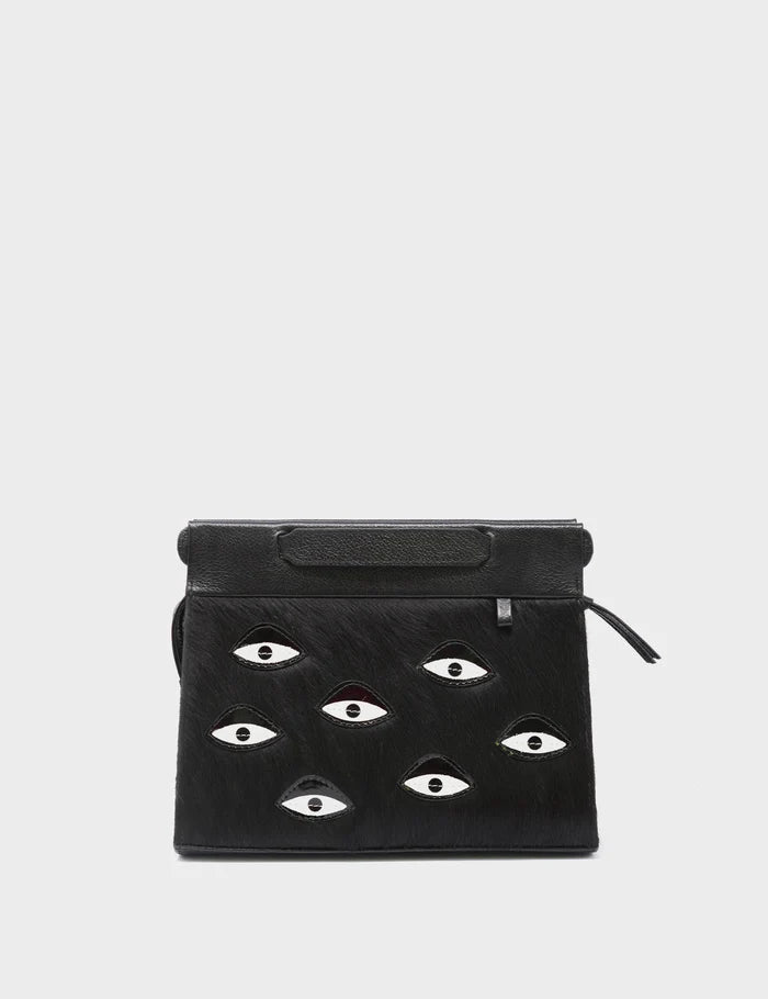 Vali Crossbody Small Black Leather Bag - Eyes Applique Adjustable Handle - Front