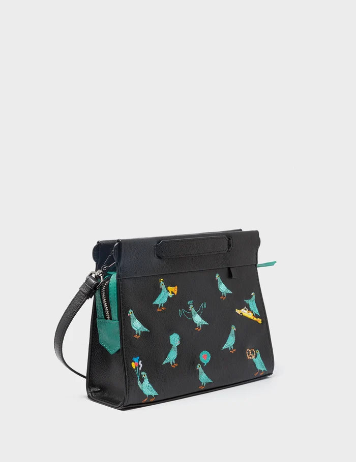 Vali Crossbody Small Black Leather Bag - Pigeonzilla Embroidery - Main View