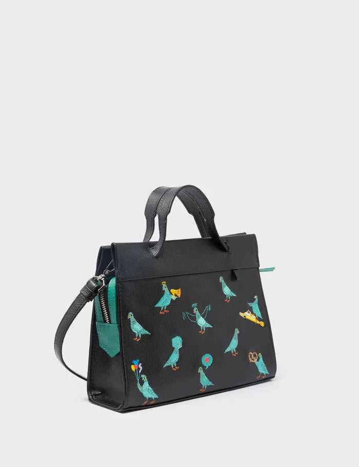 Vali Crossbody Small Black Leather Bag - Pigeonzilla Embroidery - Handles View