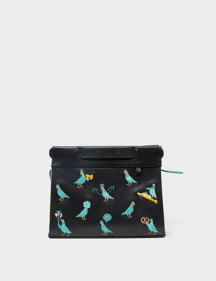 Vali Crossbody Small Black Leather Bag - Pigeonzilla Embroidery - Front View