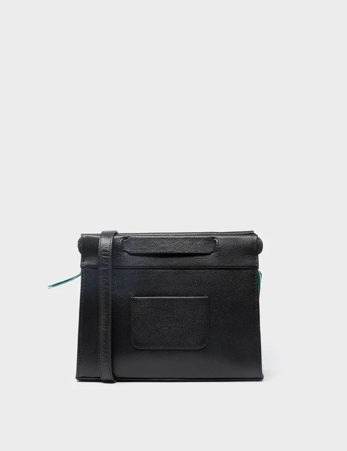 Vali Crossbody Small Black Leather Bag - Pigeonzilla Embroidery - Back View