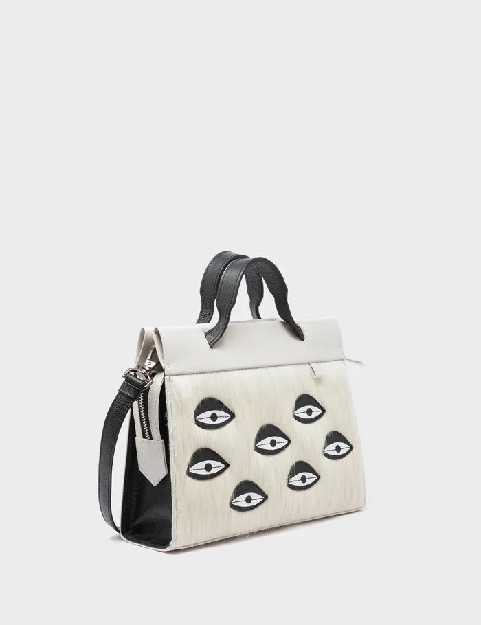 Vali Crossbody Small Cream Leather Bag - Eyes Applique Adjustable Handle - Handles