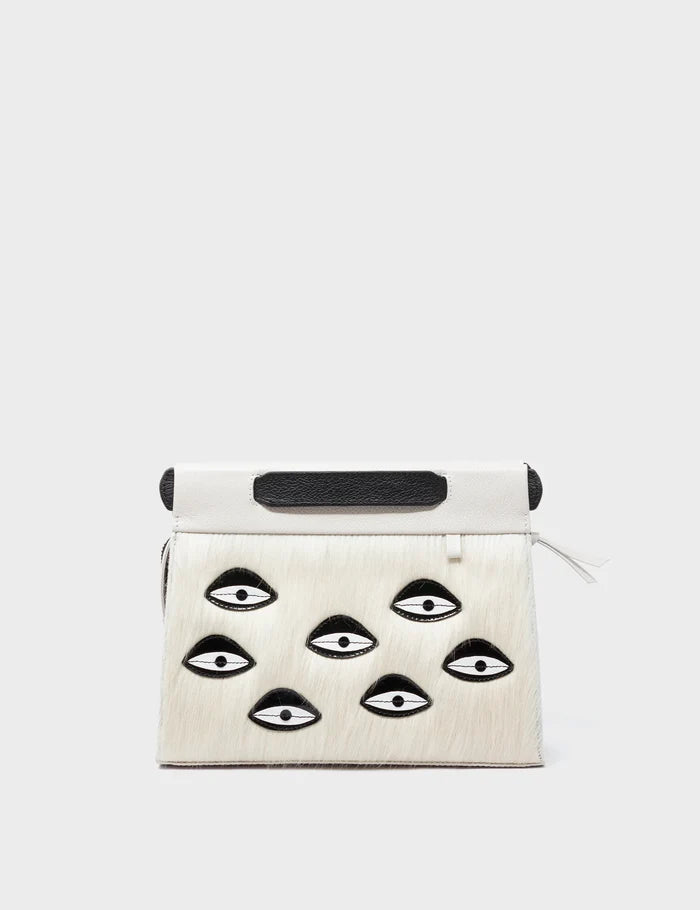 Vali Crossbody Small Cream Leather Bag - Eyes Applique Adjustable Handle - Front View