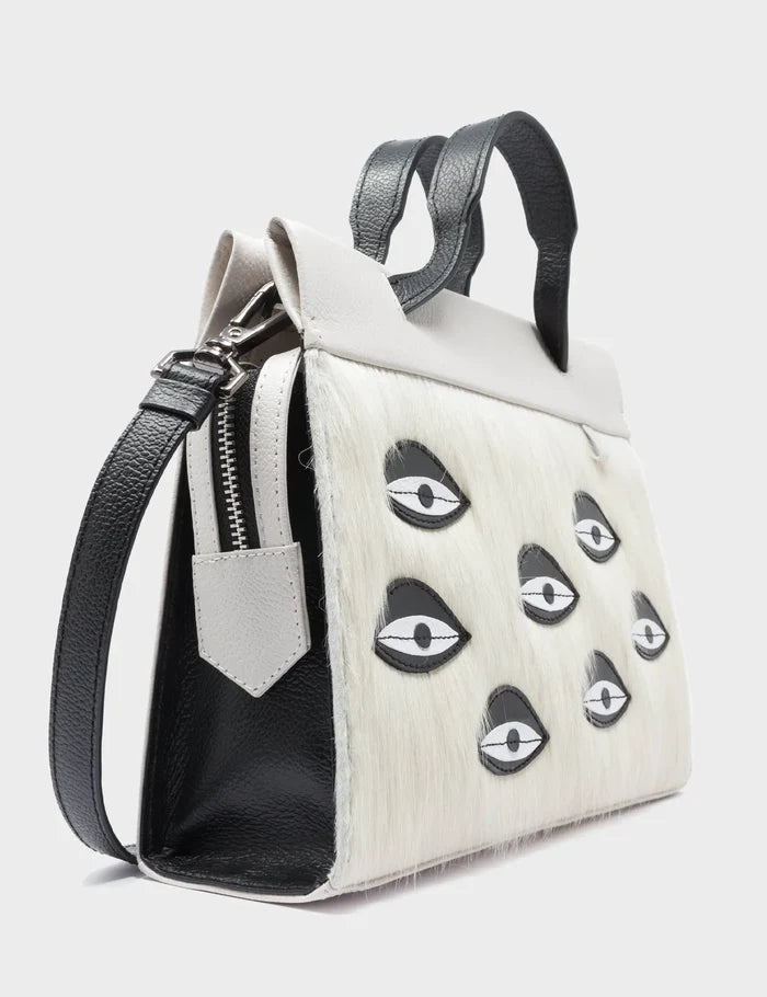 Vali Crossbody Small Cream Leather Bag - Eyes Applique Adjustable Handle - Side