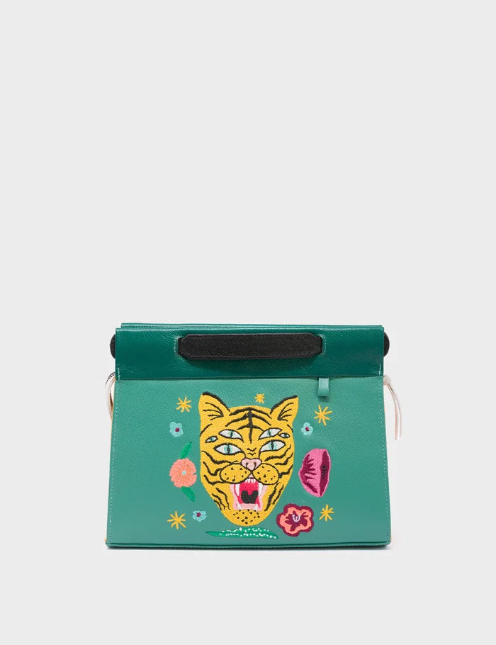 Vali Crossbody Small Deep Sea Green Leather Bag - Tiger and Flowers Embroidery - Front View