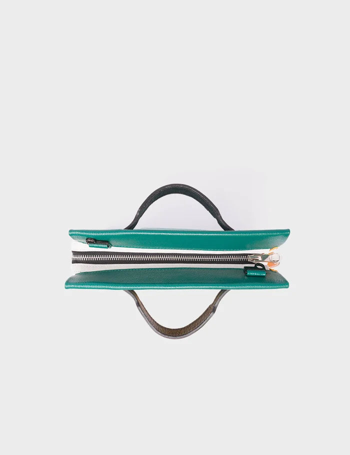 Vali Crossbody Small Deep Sea Green Leather Bag - Tiger and Flowers Embroidery - Top View