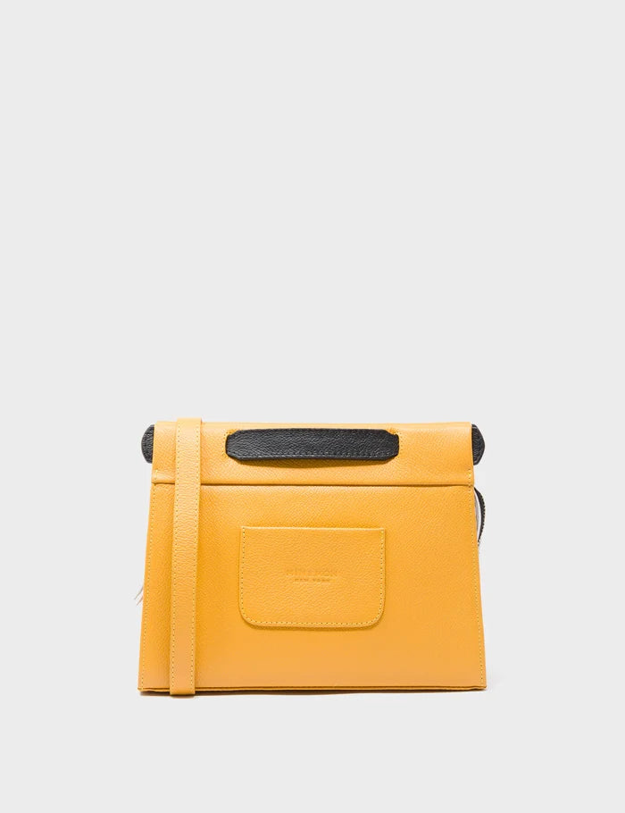 Vali Crossbody Small Golden And Black Leather Bag - Eyes Applique Adjustable Handle - Back View