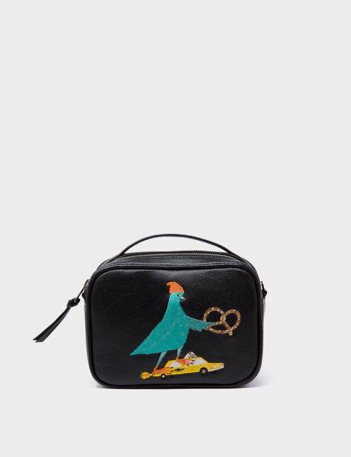 Verto Black Leather Crossbody Bag - Urban Pigeon Embroidery - Front View