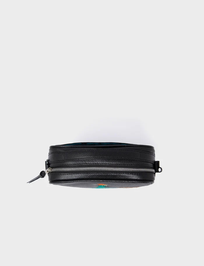 Verto Black Leather Crossbody Bag - Urban Pigeon Embroidery - Top View