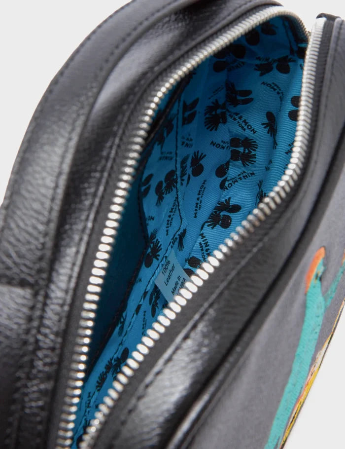 Verto Black Leather Crossbody Bag - Urban Pigeon Embroidery - Open View