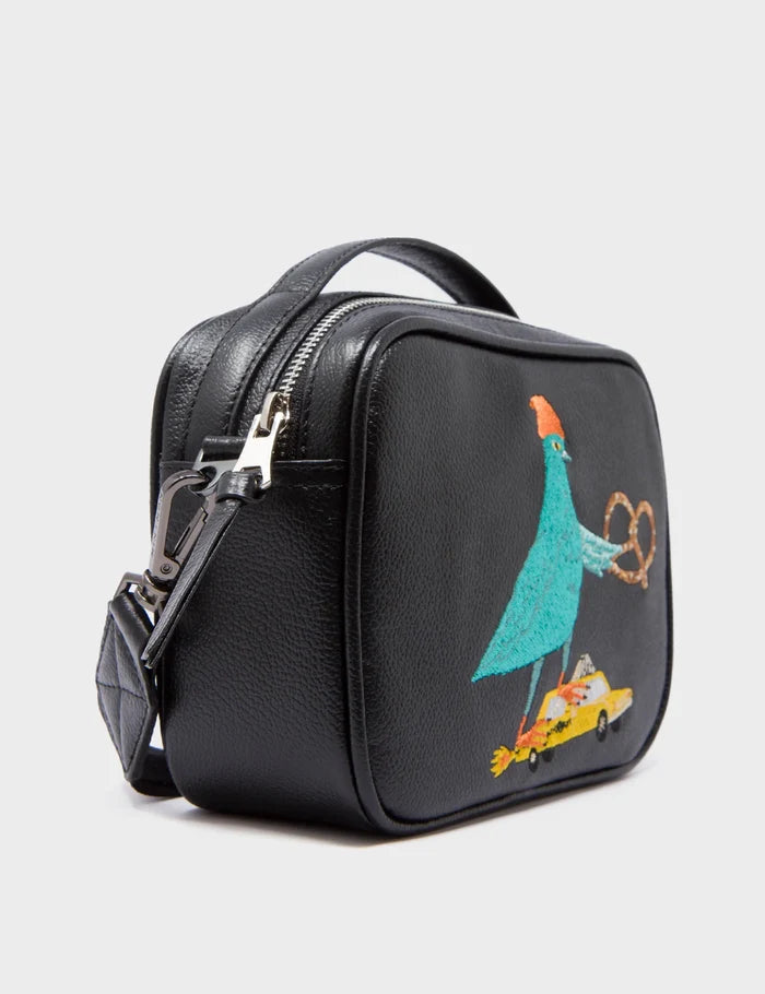 Verto Black Leather Crossbody Bag - Urban Pigeon Embroidery - Side View