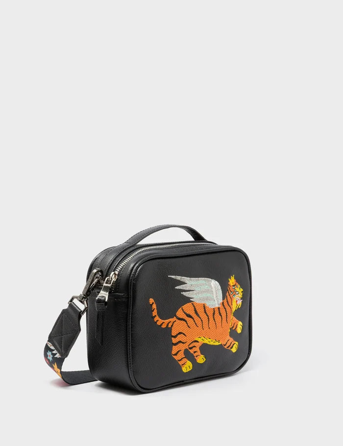 Verto Black Leather Crossbody Bag - Winged Tiger Embroidery - Main View