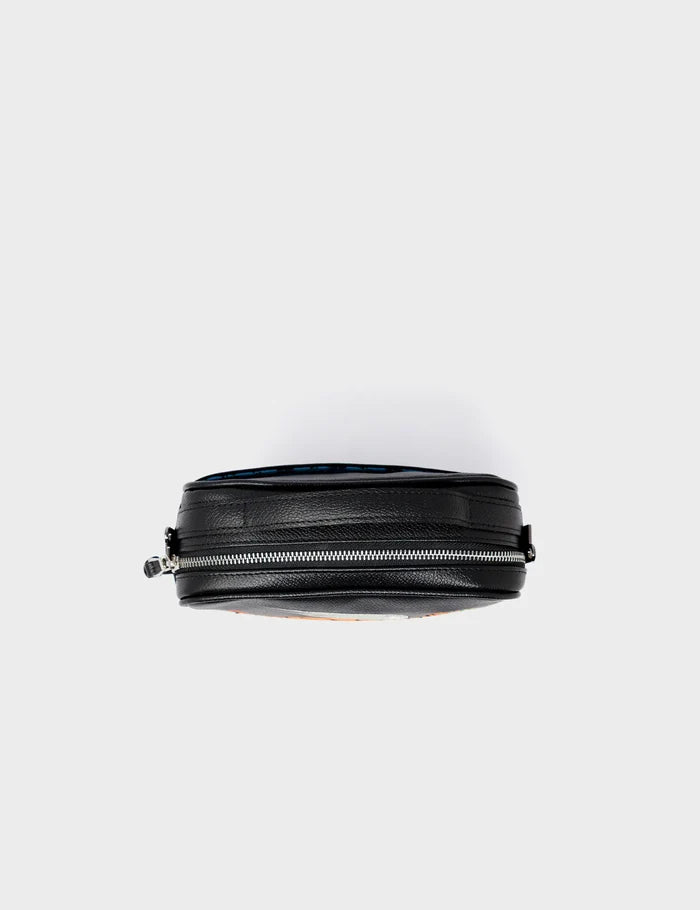 Verto Black Leather Crossbody Bag - Winged Tiger Embroidery - Top View