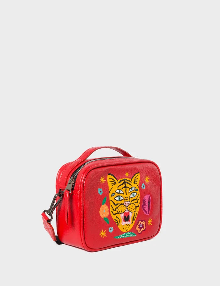 Verto Jester Red Leather Crossbody Bag - Happy Tiger Embroidery - Main View