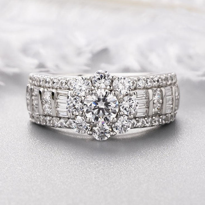 Vintage Flower Design Halo Round Cut Sterling Silver Engagement Ring