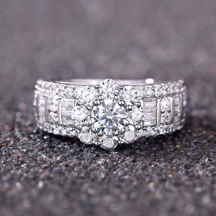 Vintage Flower Design Halo Round Cut Sterling Silver Engagement Ring