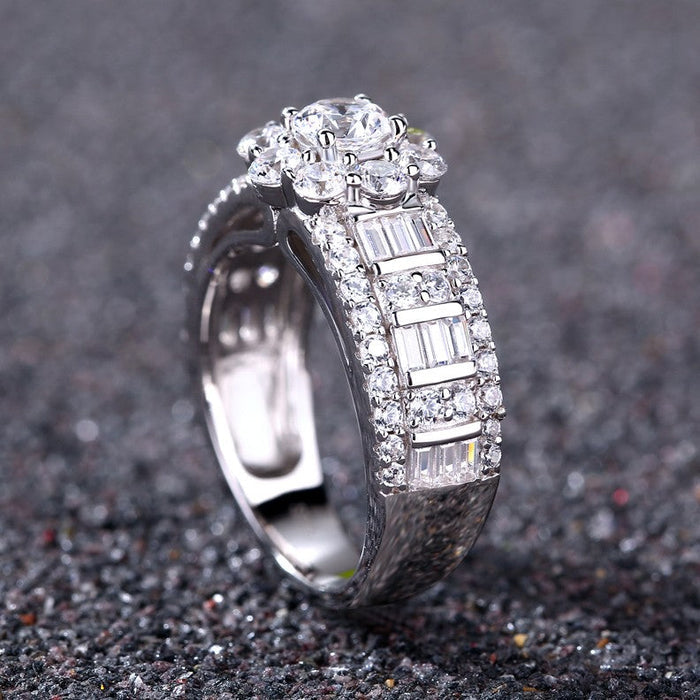 Vintage Flower Design Halo Round Cut Sterling Silver Engagement Ring