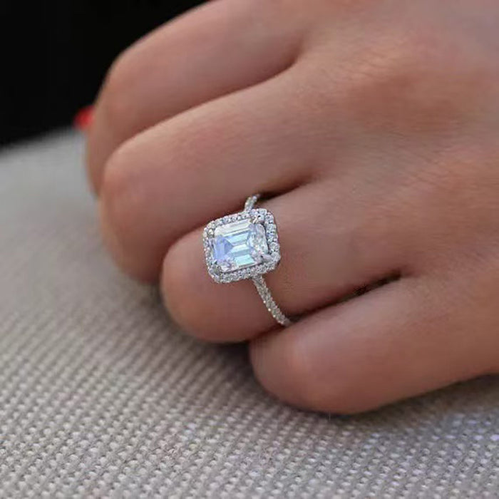 Vintage Halo 3.0ct Emerald Cut Engagement Ring In Sterling Silver